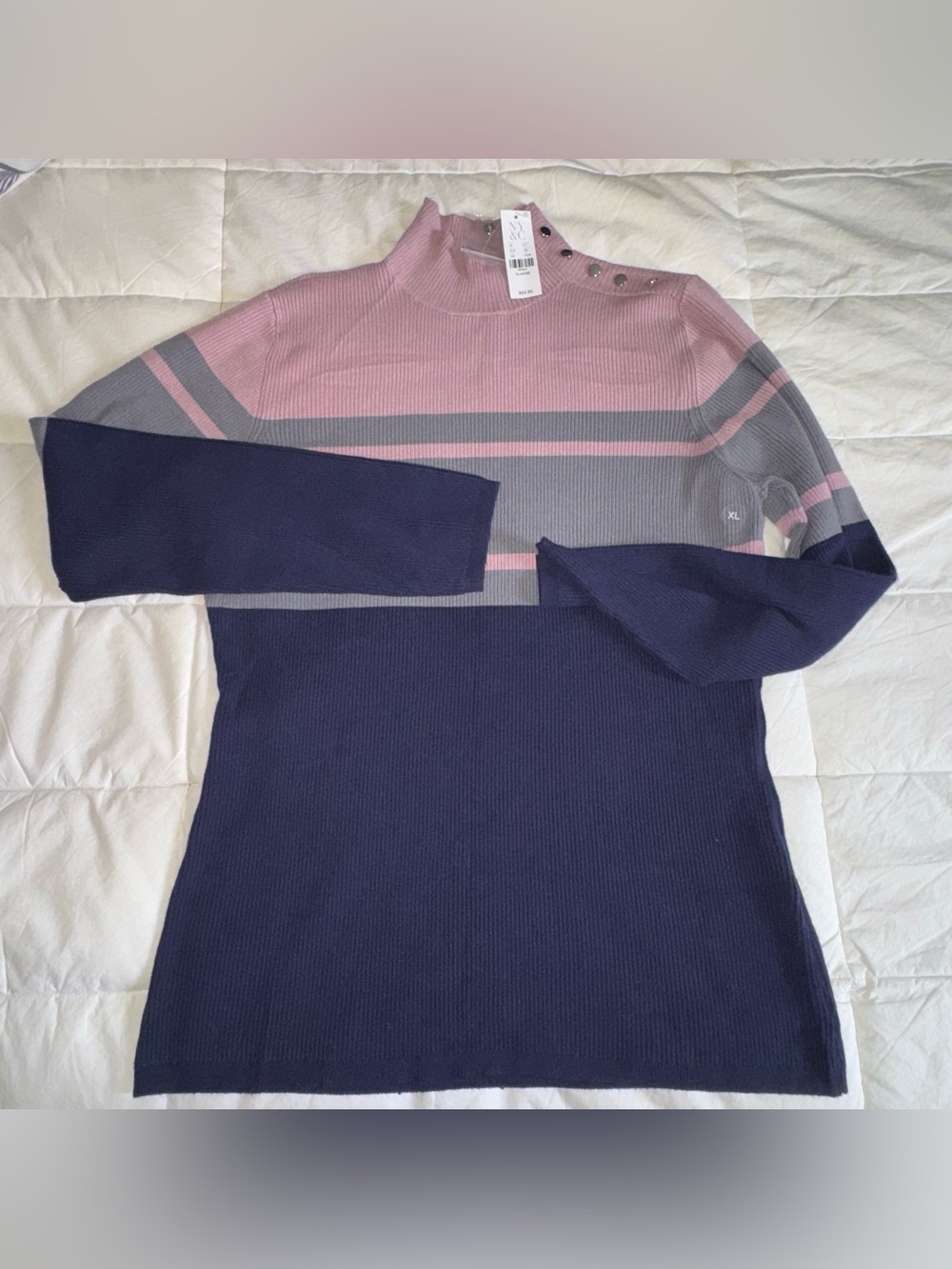 New York & Company Pink, Gray & Navy Striped Turtleneck Sweater
